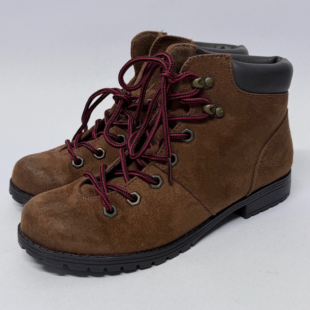 American Eagle Brown Faux Suede Lace Up Hiking Ankle Boots Womens 7.5 Lug Sole